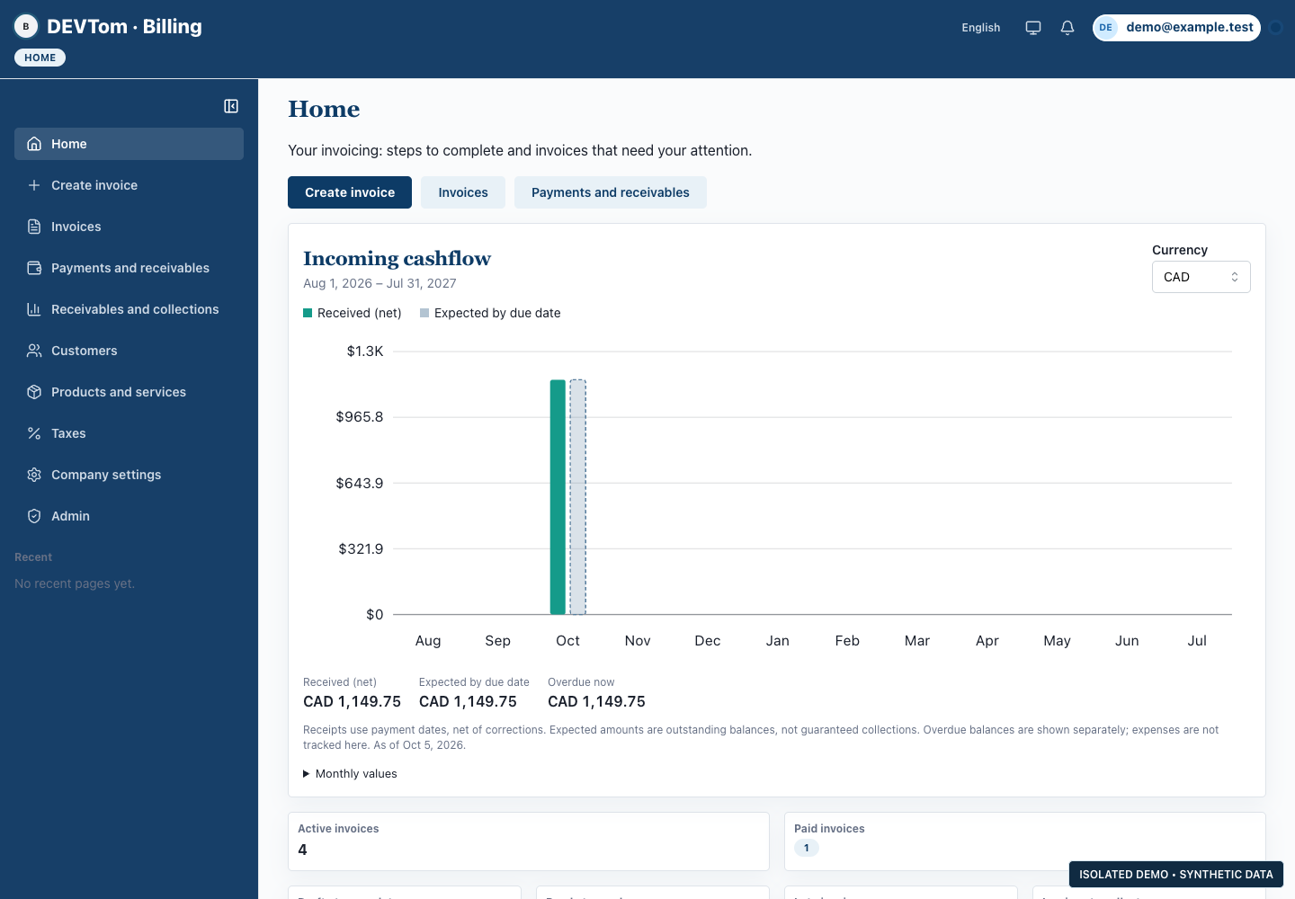 Aperçu des encaissements : interface réelle de l’application avec des données fictives