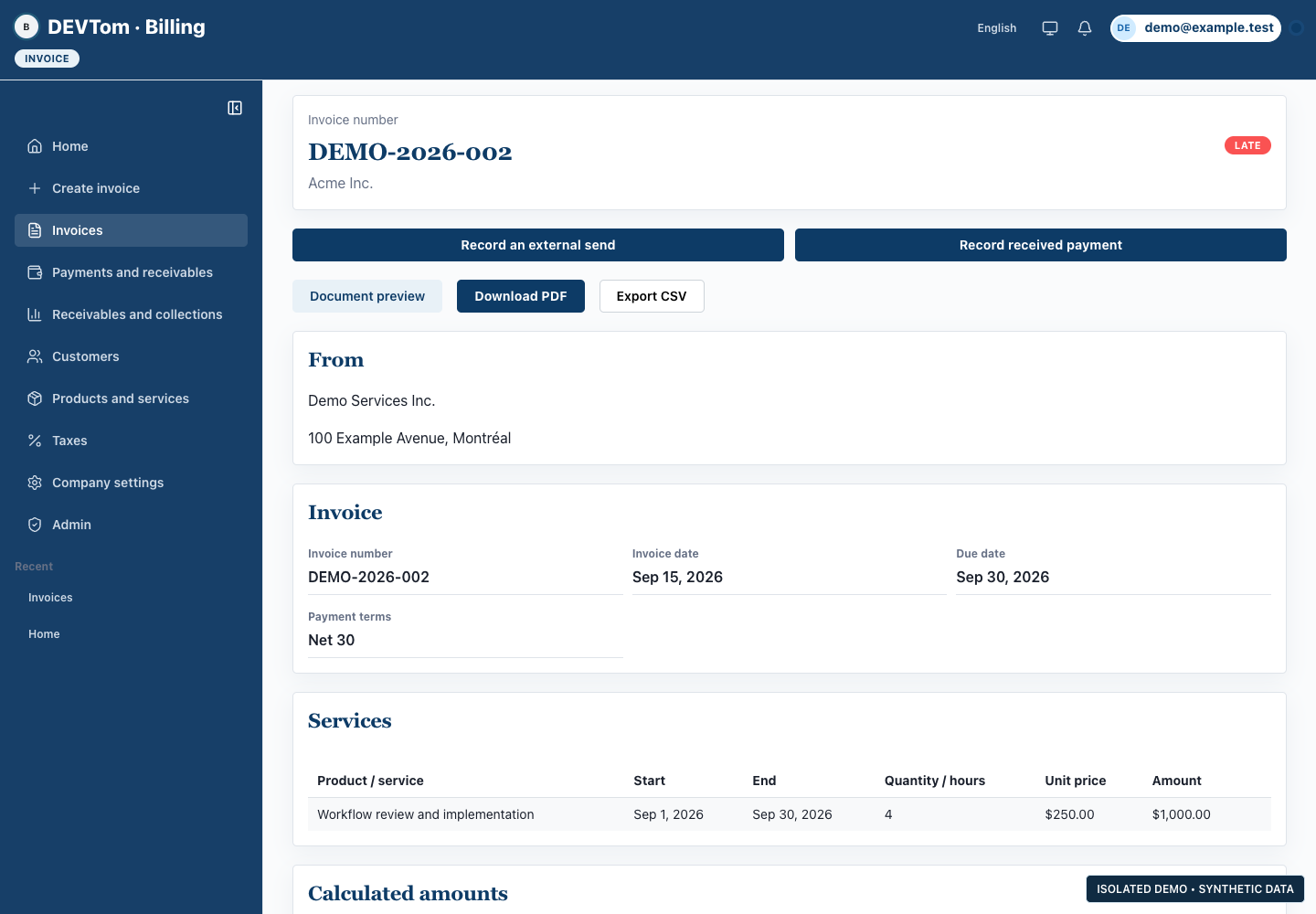 Espace de facturation : interface réelle de l’application avec des données fictives