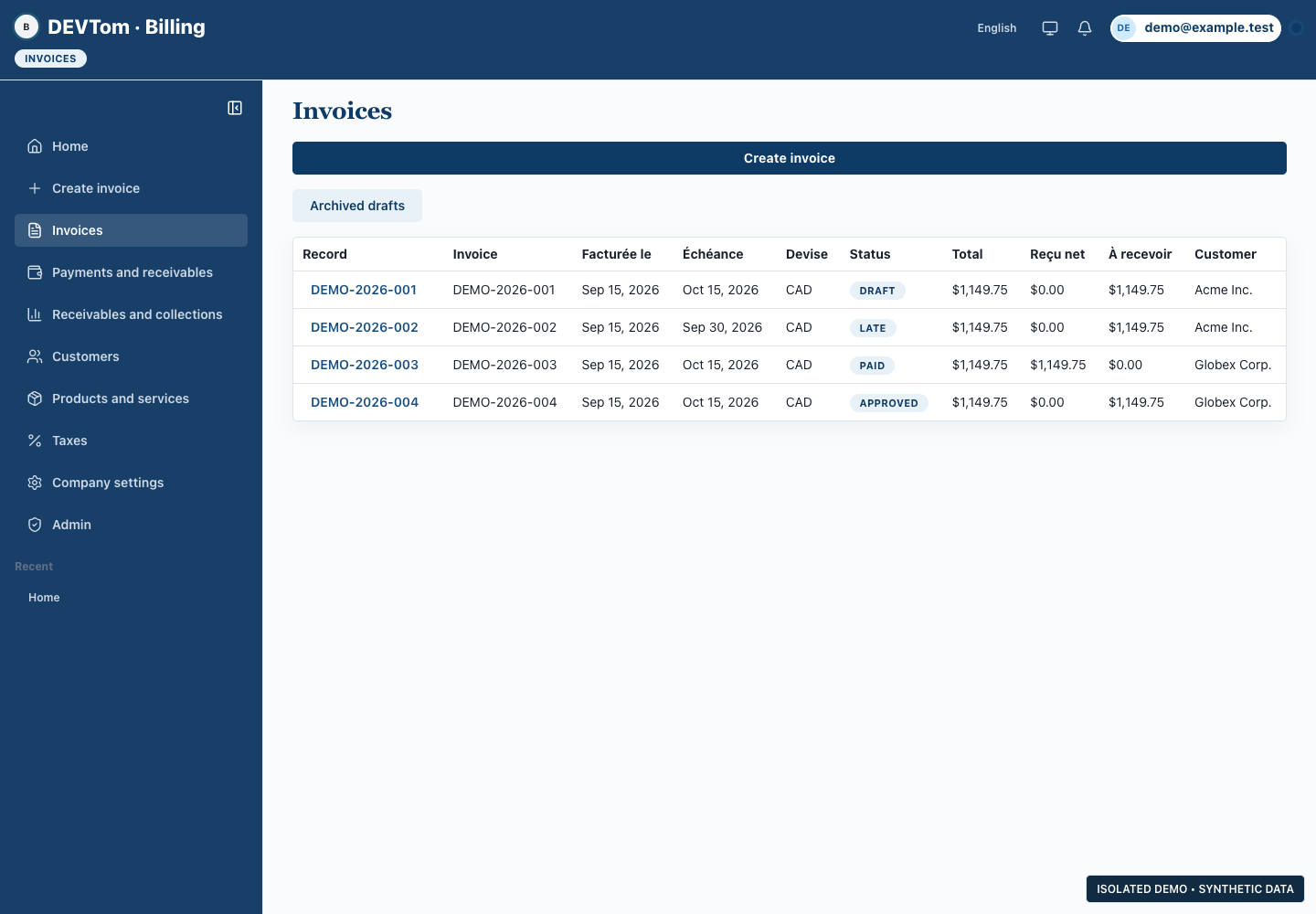 Suivi des factures : interface réelle de l’application avec des données fictives