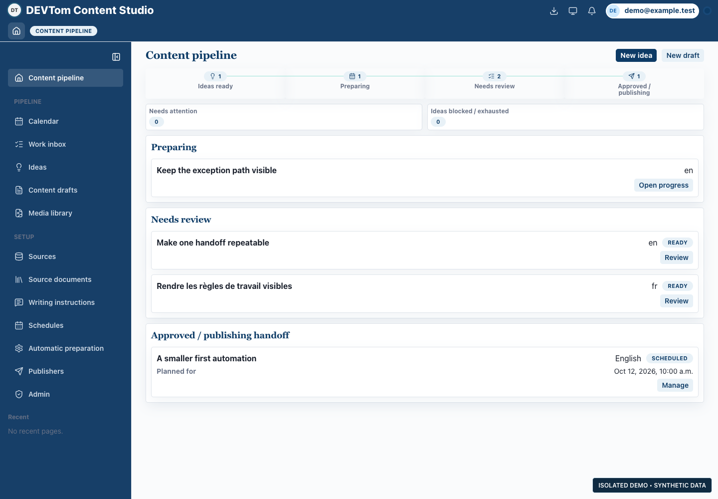 Parcours éditorial : interface réelle de l’application avec des données fictives