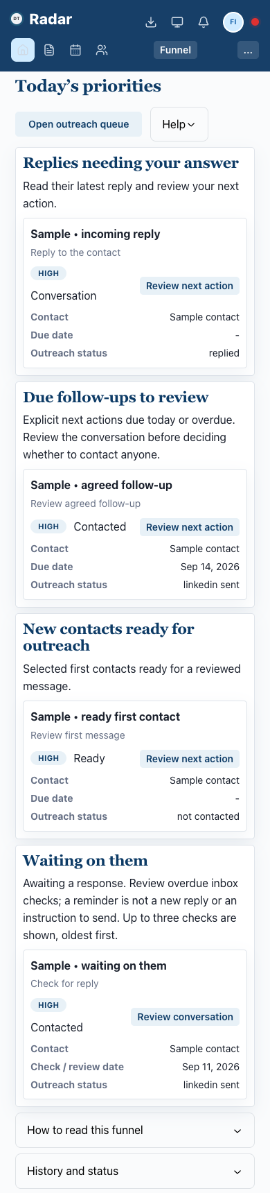 Priorités Radar sur téléphone, avec des contacts fictifs dans une version d’aperçu